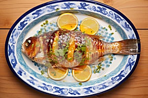 top view of fish basted in citrus glaze on ceramic plate