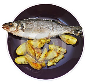 Top view of fish and fried potatoes on plate