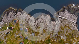 Top view of fishing village A in Lofoten islands at midnight sun, Norway