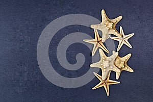Top view of five starfish on black background