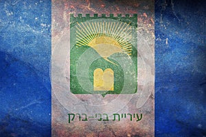 Top view of flag Bnei Brak, Israel. retro flag with grunge texture. Israeli travel and patriot concept. no flagpole. Plane design