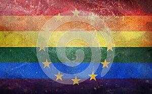 Top view of flag of Europe rainbow lgbt pride, no flagpole. Plane design, layout. Flag background. Freedom and love concept. Pride