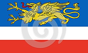 Top view of flag of Hansestadt Rostock . Federal Republic of Germany. no flagpole. Plane design, layout. Flag background photo