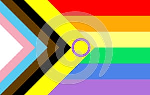 Top view of flag of Inter Progress Pride, no flagpole. Plane design, layout. Flag background. Freedom and love concept. Pride