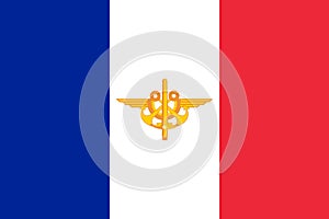 Top view of flag Marque mindef, Minister of the French Armed Forces, France. French travel and patriot concept. no flagpole. Plane photo