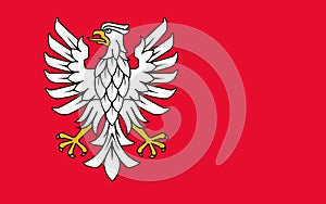 Top view of flag Mazovia Voivodeship, wojewodztwo mazowieckie, Poland. Polish patriot and travel concept. no flagpole. Plane