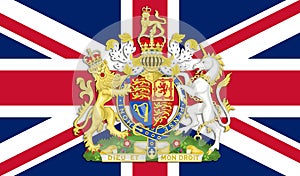 Top view of flag of Royal Arms of England on United Kingdom . flag of united kingdom of great Britain, England. no flagpole. Plane