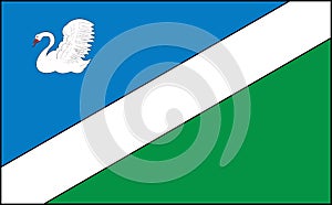 Top view of flag Wysokie Mazowieckie, Poland. Polish patriot and travel concept. no flagpole. Plane design, layout. Flag photo