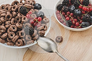 top view of flakes with berries/top view on a plate with flakes and a bowl with berries