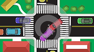 top view flat cartoon car vehicle with crash braking emergency accident and 4 intersection road