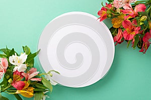 Top view flat lay of alstroemeria pastel teal background with an empty circle for text or advert