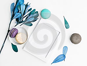 Top view flat lay Blank photo frame mockup with macarons and blue leaves