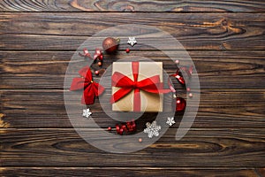 Top view Flat lay Christmas decorations and gift box on colored background with copy space. Christmas or Happy New Year