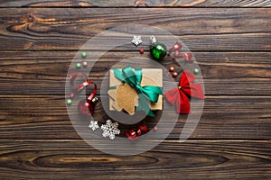 Top view Flat lay Christmas decorations and gift box on colored background with copy space. Christmas or Happy New Year