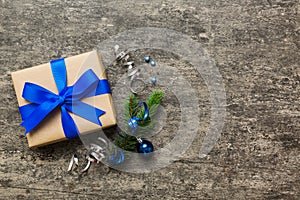 Top view Flat lay Christmas decorations and gift box on colored background with copy space. Christmas or Happy New Year