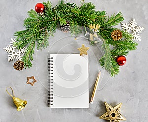 Top view flat lay christmas mockup with stack of notebooks and pencil. Wish list, holidays concept