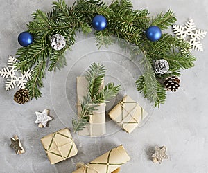 Top view flat lay christmas mockup with wrapped gifts in craft paper. Presents, holidays