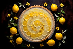 Top view flat lay of delicious lemon tart and decorate with lemons on table on dark background Generative AI