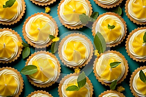 Top view flat lay delicious small lemon tarts with mousse whipped cream and mint on the table with dark background. Generative AI