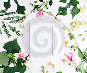 Top view flat lay empty photo frame with summer leaves and daisy flowers mockup