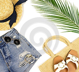 Top view, flat lay fashion women summer travel clothes and accessory collage