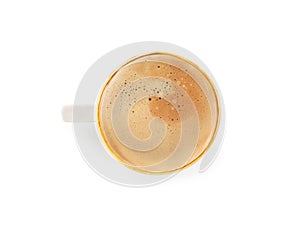 Top view, flat lay hot coffee in white mug with brown rim isolated on white background
