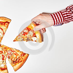 Top view. Flat lay photograph of tasty italian pizza on white background