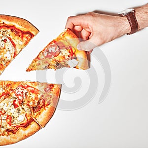 Top view. Flat lay photograph of tasty italian pizza on white background