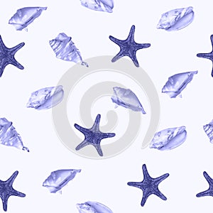 Top view flat lay starfish and seashell seamless pattern on light blue Very Peri background.