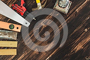 Top view flat lay of tools for handyman