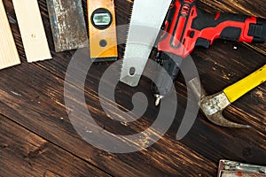 Top view flat lay of tools for handyman