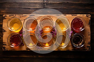 top view of a flight of ciders on a wooden sampler