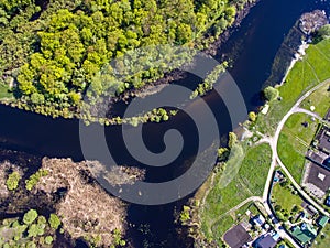 The top view on flood of the river, aerophoto