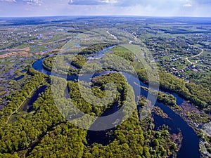 The top view on flood of the river, aerophoto