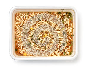 Top view of foam container full of instant noodles