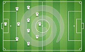 Top view of football field with team players t-shirt. Textured soccer field, tactic mockup. Vector