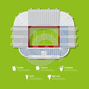 Top view of football stadium or soccer arena. Sport venue in flat design. Infographic and sport icon set.