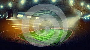 Top view of a football stadium with the stands full of fans looking at the game. 3D Rendering