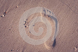 Top view of footprints on sand beach in summer vacation seasonal in vintage style.