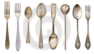 Top view of forks and spoons. Vintage cutlery. Isolated on white background