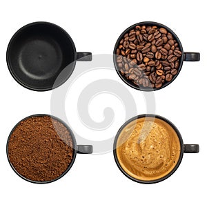 Top view four cups of different stages of preparing cappuccino isolated on white background