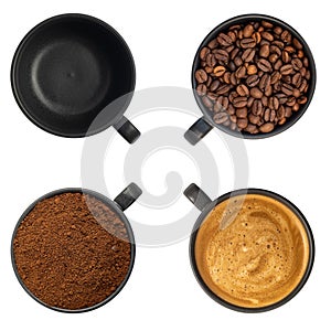 Top view four cups of different stages of preparing cappuccino isolated on white background