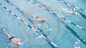 Top view four professional swimmer floating on track in swimming pool performing crawl style