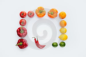 top view of frame of colored yummy vegetables and fruits