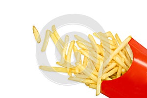 Top view of french fries from fast food restaurant falling disrupted isolate on white background