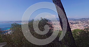 top view of the French Riviera in clear sunny weather, view from Mont Boron Park, Nice port promenade, rooftops and