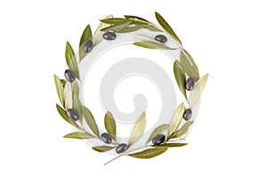 Top view of fresh black olive fruit with leaves as frame on white background.