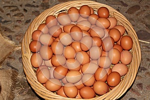 Top view of fresh brown eggs in a basket for sale