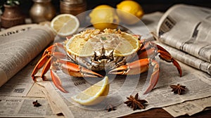 Top view of fresh crab phalanges with lemon and spices on background of paper and newspapers photo