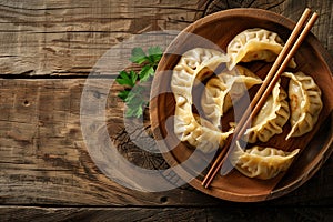 Top view fresh dumplings with hot steams ntage wooden background